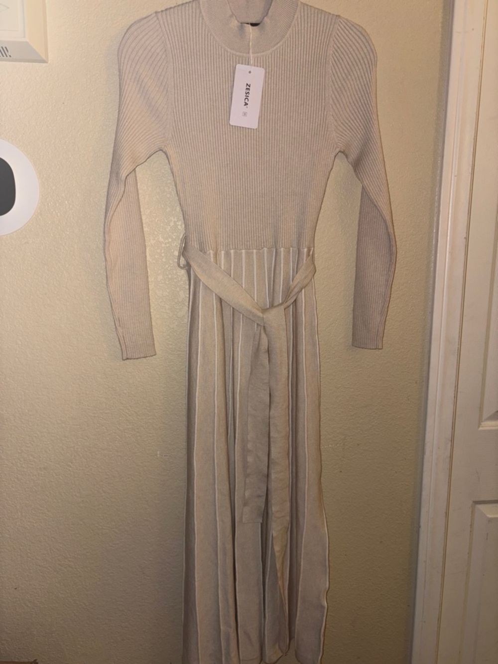 Neutral Cream Ribbed Maxi Dress with Waist Tie